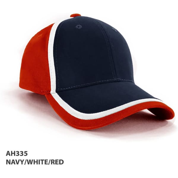 A navy, white, and red cap with a double trim design and a logo on the front.