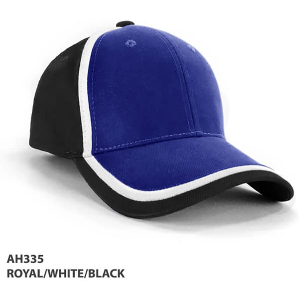 A cap featuring a royal blue front with black side panels and white trim, displaying a brand logo.