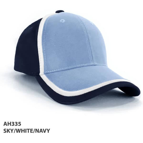 A sky blue cap with navy and white double trim, featuring a logo on the front.