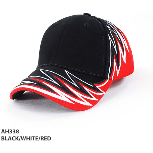A black, white, and red cap featuring a zigzag design and a logo.