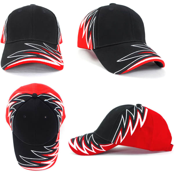A black and red cap featuring dynamic zigzag patterns and a logo, showcasing a sporty design.