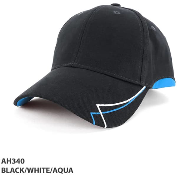 A black cap with white and aqua accents, featuring a logo on the front. Suitable for casual wear.