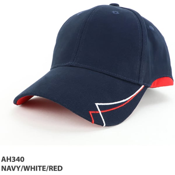 A navy, white, and red six-panel cap with a curved brim and a logo on the front.