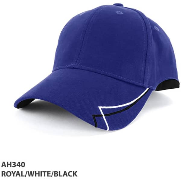 A royal blue cap with a black and white design, featuring a logo on the front and six-panel structure.