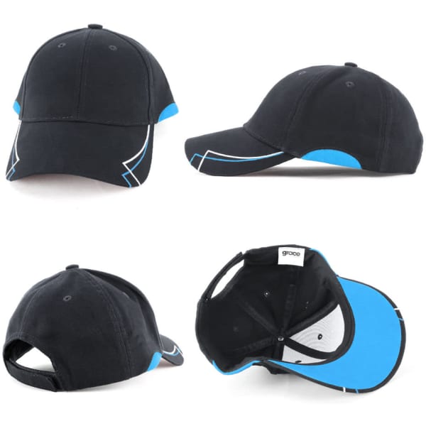 A black cap with blue accents, featuring a structured design and a logo on the front.