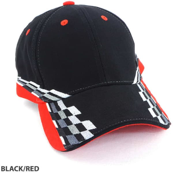 A black and red cap featuring checkered patterns and a logo on the front.