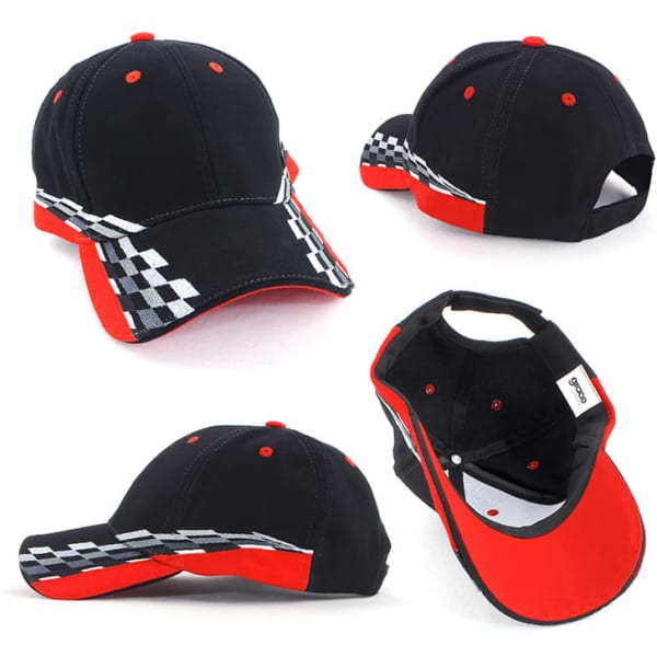 A cap featuring a black base with red accents and a checkered pattern along the brim. It has a logo on the side.