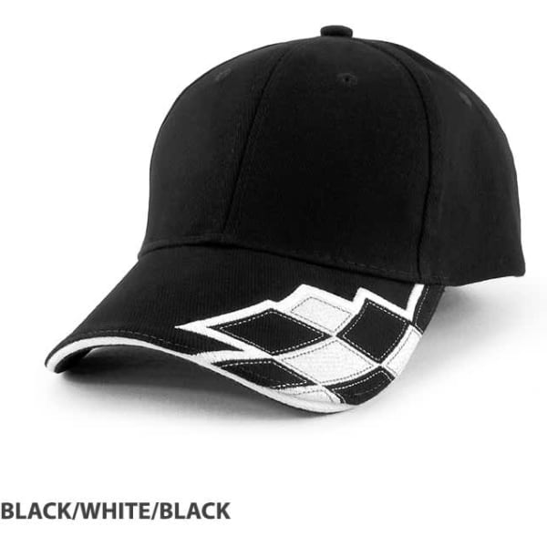 A black cap with a white and black checkered pattern on the brim and a logo.