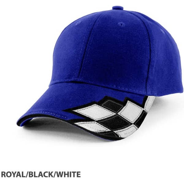 A royal blue cap with black and white accents and a logo on the side.