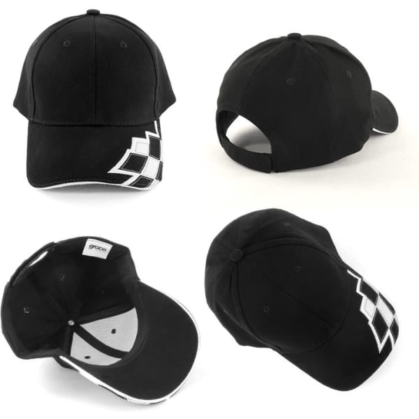A black cap featuring a logo and a patterned design on the side, shown from multiple angles.