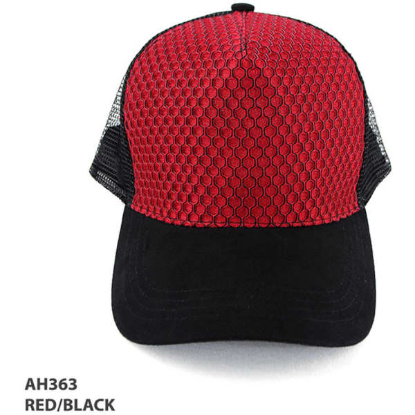 A red and black trucker cap featuring a textured design and a mesh back, complete with a logo.