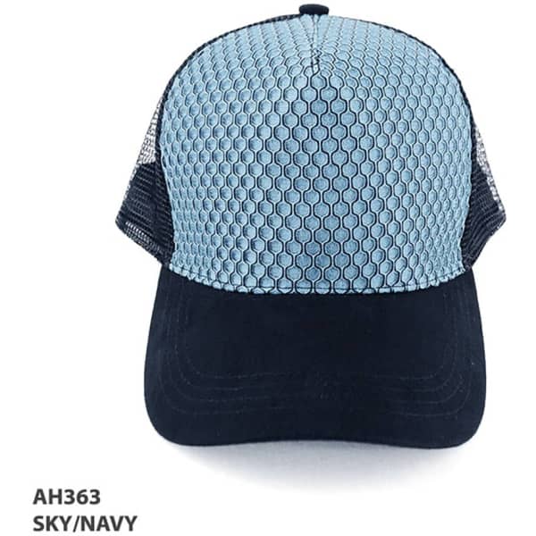 A trucker cap featuring a sky blue front and navy mesh sides, with a logo on the front.