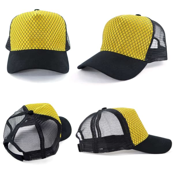 A yellow and black trucker cap with mesh detailing and a logo on the front.