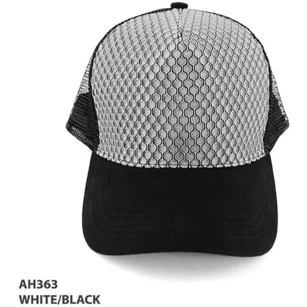 A trucker cap in white and black with a mesh back and a solid black peak. It features a logo on the front.