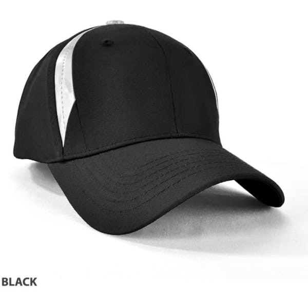 A black cap featuring silver accents and a logo, designed for promotional purposes.