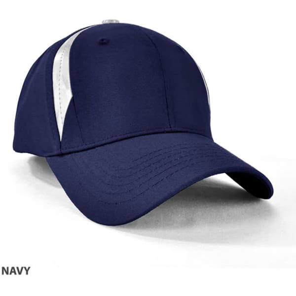 A navy cap with a structured design and contrasting panels. It features a curved peak and a branding logo.