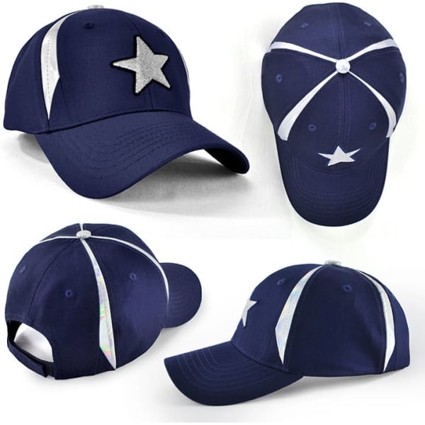 A navy cap featuring silver star embellishments and contrasting white stripes, showcasing multiple angles of the design.