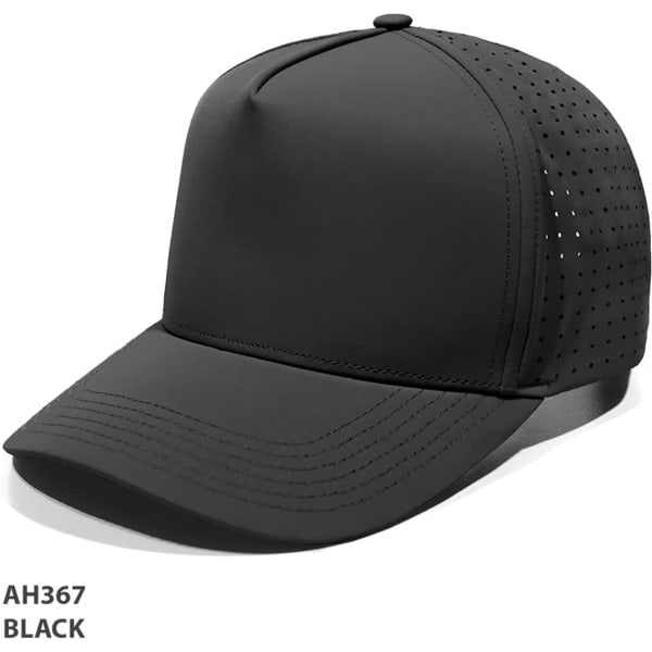 A black cap featuring perforated panels and a sleek design, with a curved visor and a branding logo.