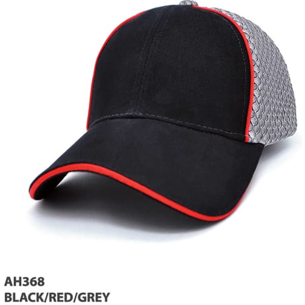 A cap featuring a black front with a red trim and grey mesh back, complete with a logo.