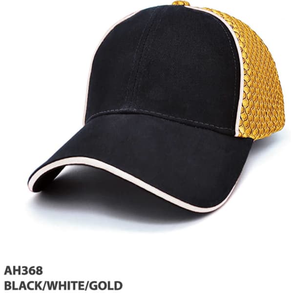 A black and gold cap featuring a textured mesh back and a curved brim. The cap has a logo on the front.
