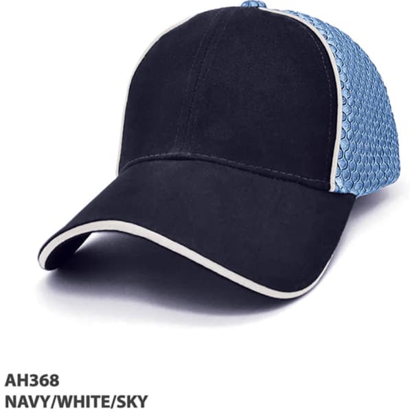 A navy and white cap with a sky blue mesh back, featuring a logo on the front.