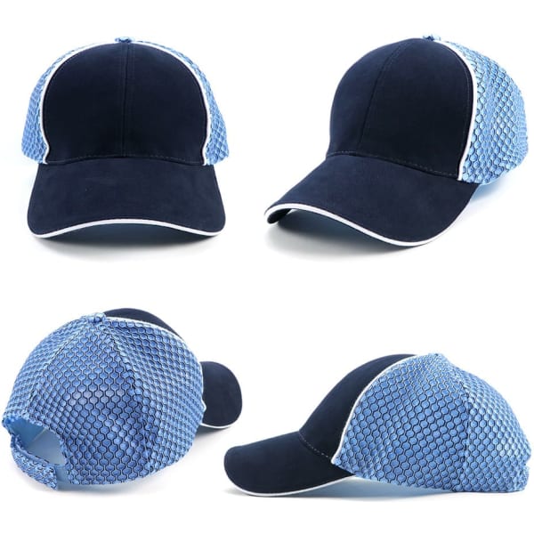 A navy blue cap with a light blue mesh design and a branded logo on the front. Features a classic curved peak.