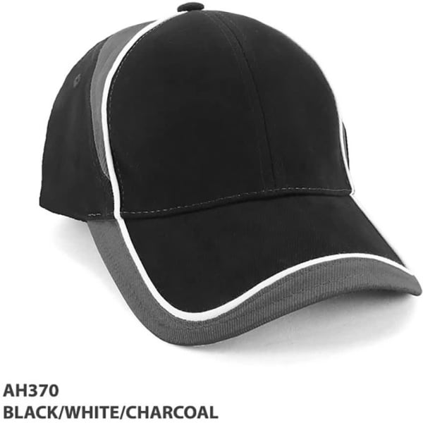 A black cap with white and charcoal accents, featuring a logo on the front.