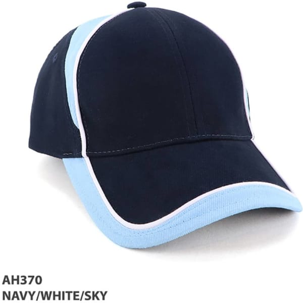 A navy, white, and sky cap featuring a logo, with a curved brim and structured design.