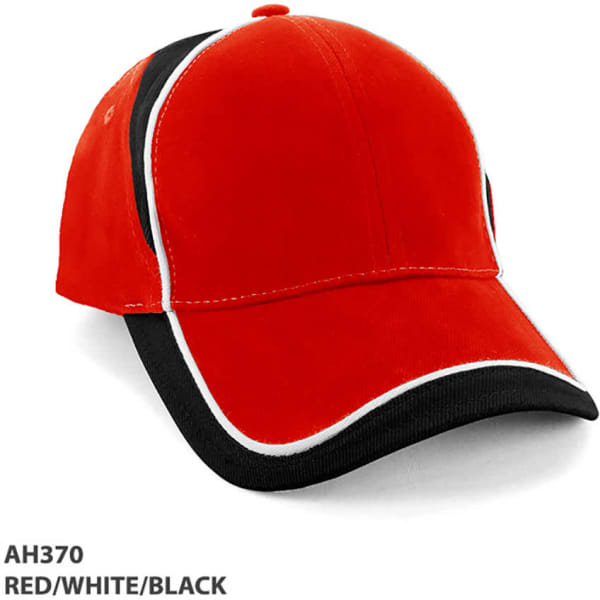 A red, white, and black cap with a curved brim and contrasting details, featuring a logo.