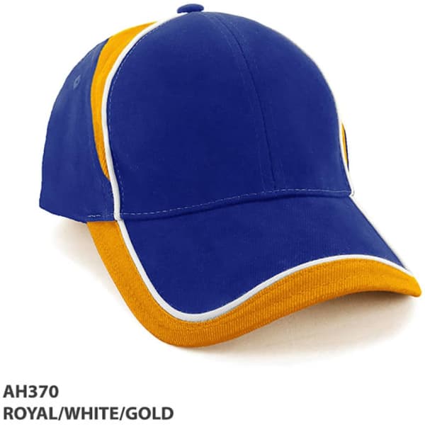 A blue, white, and gold cap featuring contrasting panels and a logo on the side.