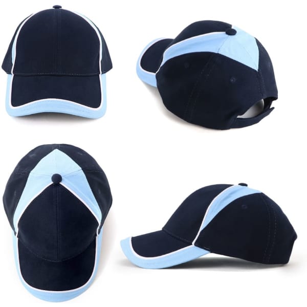 A navy and light blue cap featuring a logo, showcasing multiple angles.