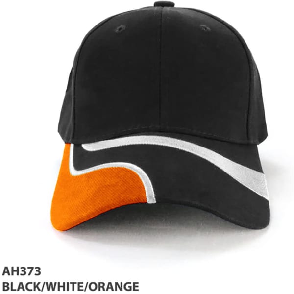 A cap with a black, white, and orange design, featuring a curved decorative pattern and a logo.