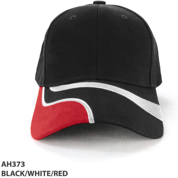 A black cap with red and white accents and a logo on the front.