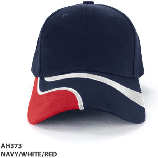 A navy, white, and red cap with a curved design and a logo on the front.
