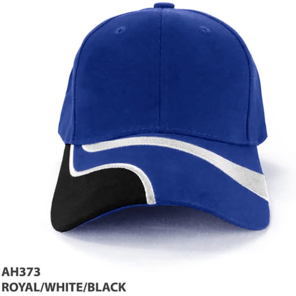 A blue cap with white and black accents, featuring a logo on the front.