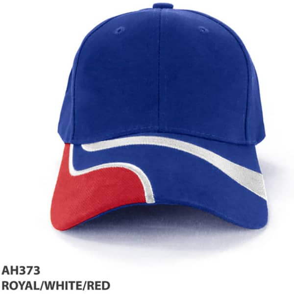A cap in royal blue, white, and red, featuring a curved design and a branded logo.