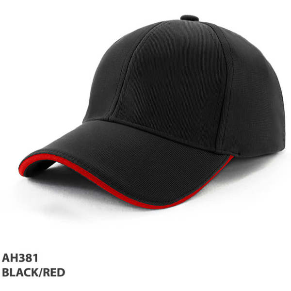 A black cap with a red trim and a structured design, featuring an emblem on the front.