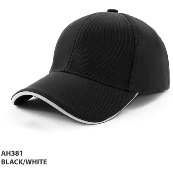 A black and white mesh cap with a curved brim and a logo on the front. Suitable for casual wear.