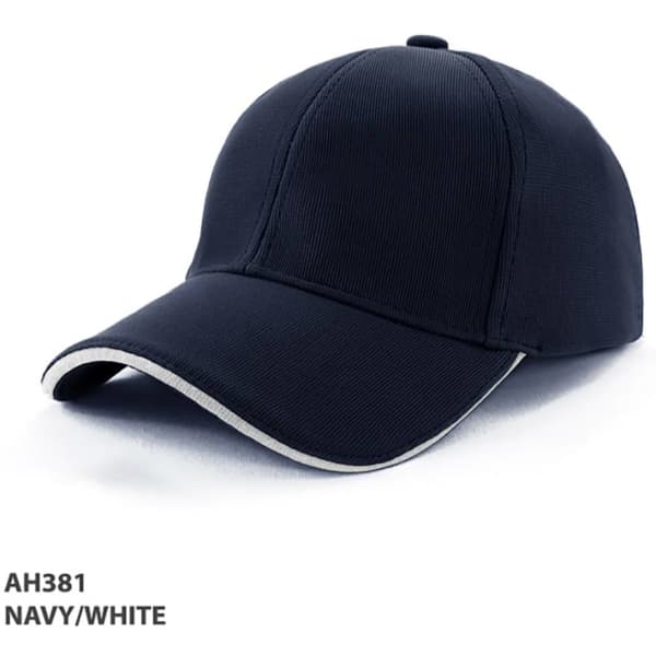 A navy and white drill mesh cap featuring a curved brim and a structured crown, with a logo.