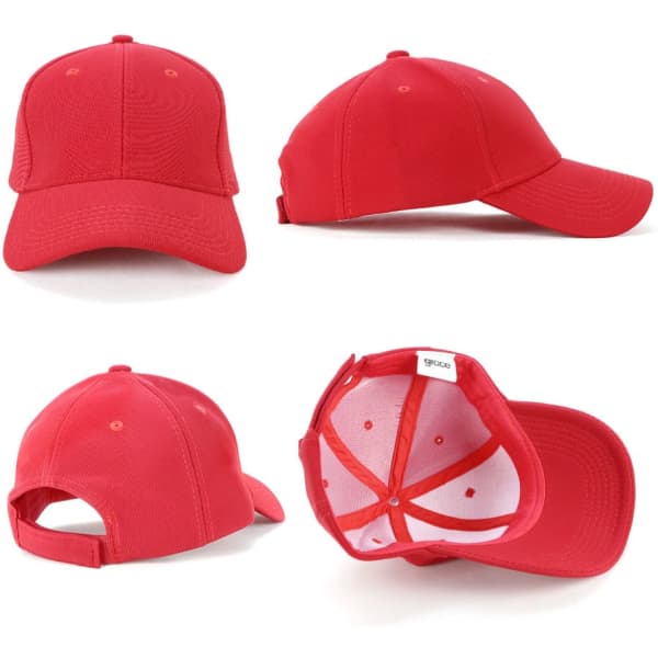 A red mesh cap displayed from multiple angles, featuring a logo on the front and an adjustable back strap.