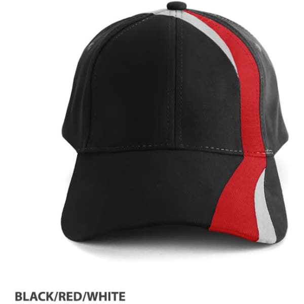 A black cap with red and white accents and a logo on the front.