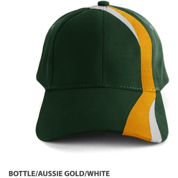 A bottle green cap with Aussie gold and white accents, featuring a logo on the front.