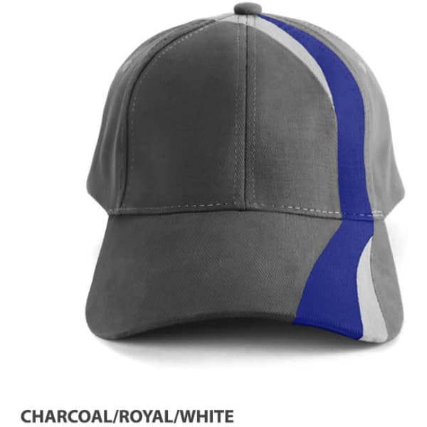 A charcoal cap featuring a blue and white design, with a branded logo on the front.