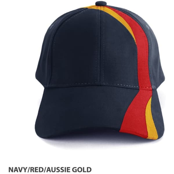 A navy cap with red and Aussie gold accents, featuring a logo on the front.