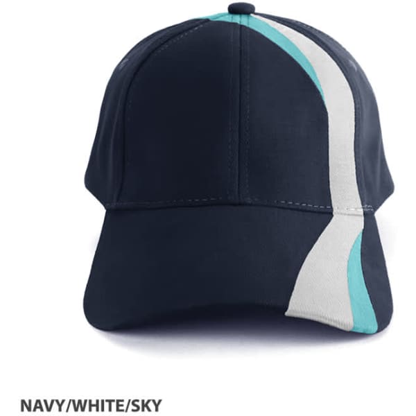 A navy cap with a white and sky blue stripe design. The cap features a logo on the front.