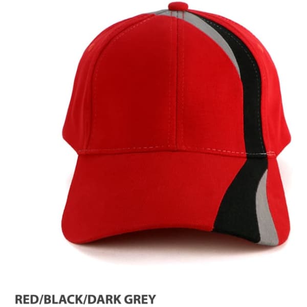 A red cap with black and dark grey accents, featuring a logo on the front.