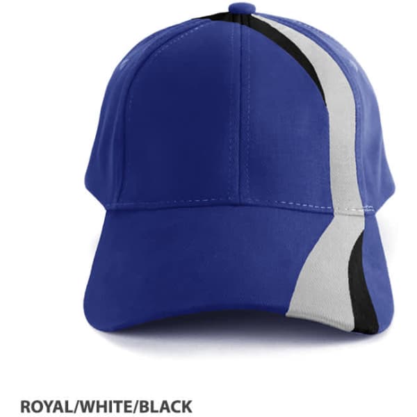 A blue cap with white and black accents, featuring a logo on the front.