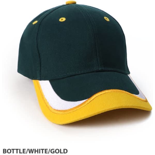 A cap in bottle green with a white and gold visor, featuring contrasting stitching and a logo.