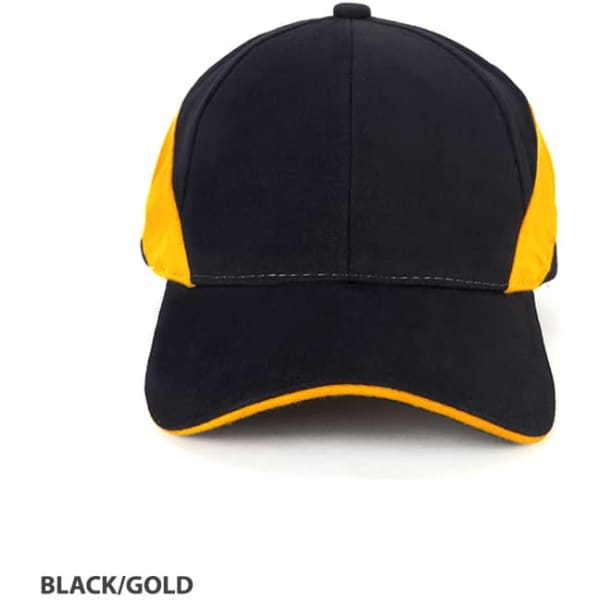 A black and gold two-layer sandwich cap with a curved brim and a logo on the front.