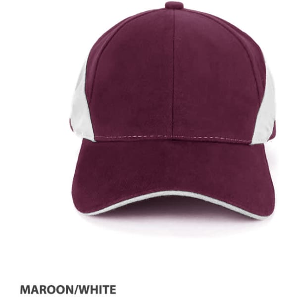 A maroon and white two-layer sandwich cap with a logo on the front.
